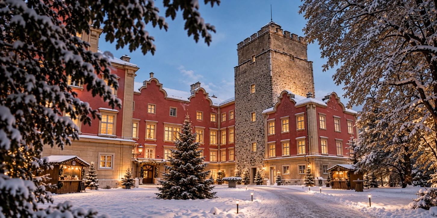Schloss Prugg im Schnee, beleuchtet zur blauen Stunde