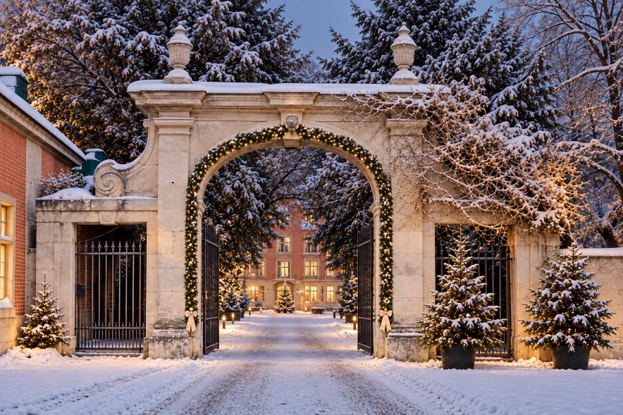 Beleuchteter Torbogen am Adventzauber Schloss Prugg