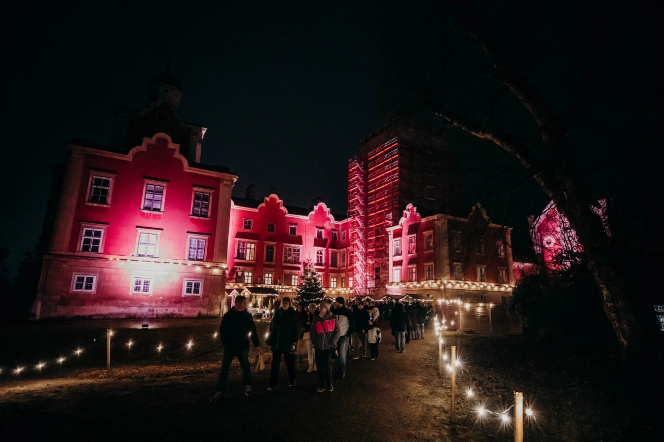 Schloss Prugg bei Nacht in rotes Licht getaucht, davor ein beleuchteter Christbaum und Besucher auf dem Weg